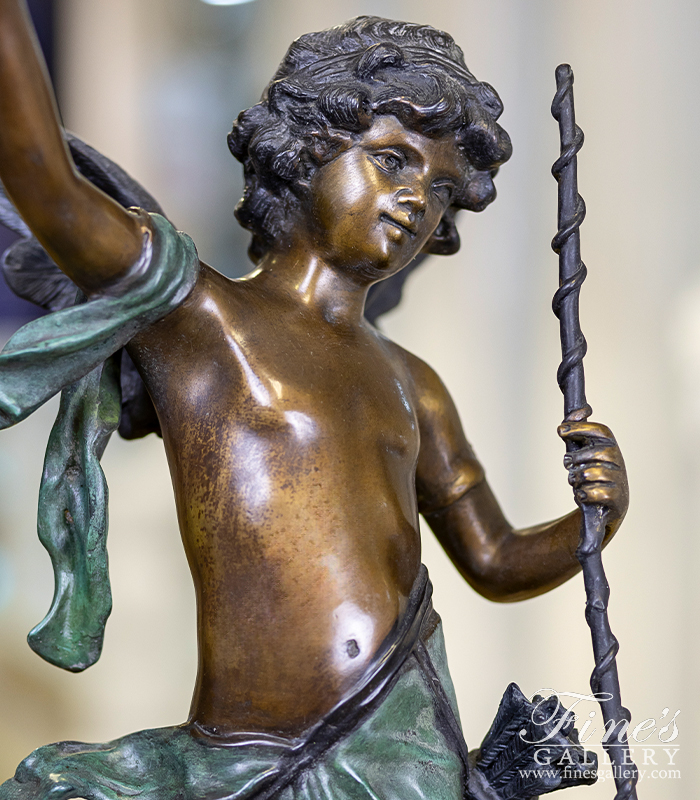 Bronze Statues  - Playful Young Cherub Boy W/Staff Bronze Statue - BS-372